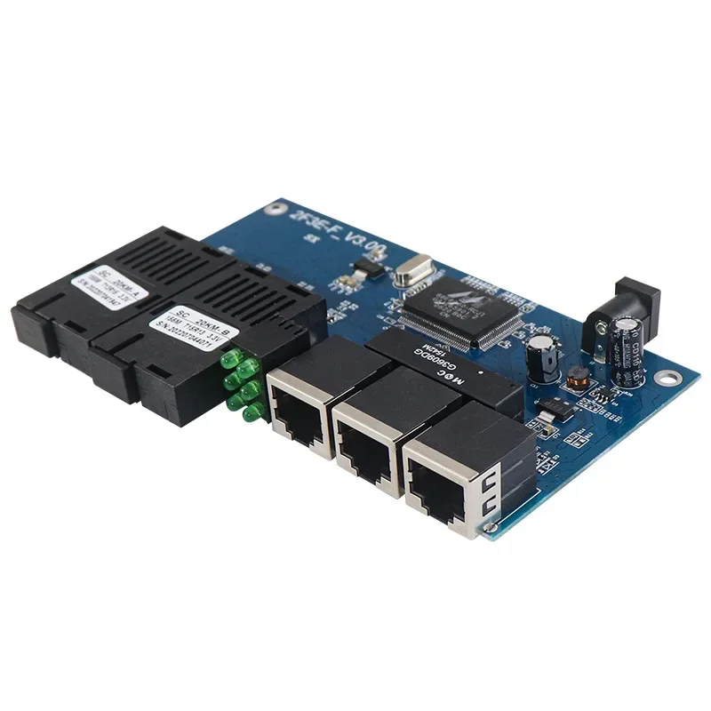 Photoelectric Media Converter 100M 2 Optical 3 Electric PCBA Board Optical Transceiver 2Fiber + 3RJ45