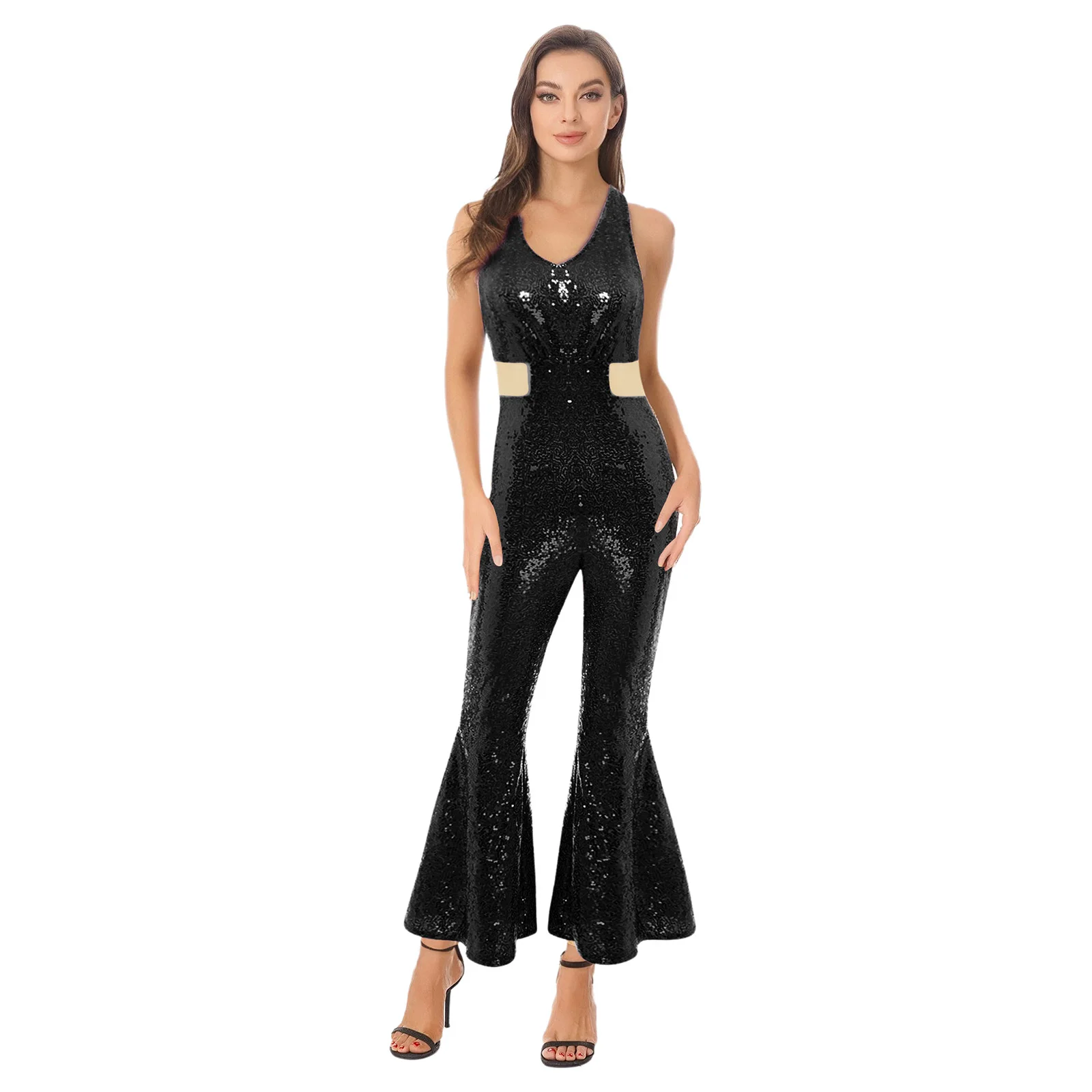 

‌Womens Glamorous Retro Bell-Bottom Jumpsuit Sparkling Sequins Embellished Backless for Jazz Raves Special Occasions Streetwear
