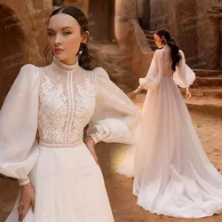 Elegant BOHO Wedding Dresses A Line Woman's High Neck Bridal Gowns Appliques Long Sleeve Customized Backless Vestidos De Novia