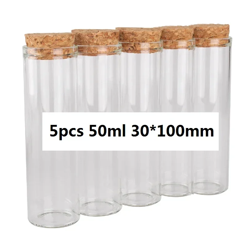 5 pieces of 50ml 30 * 100mm test tube glass bottles with cork caps, glass vessels, art and craft spice jars