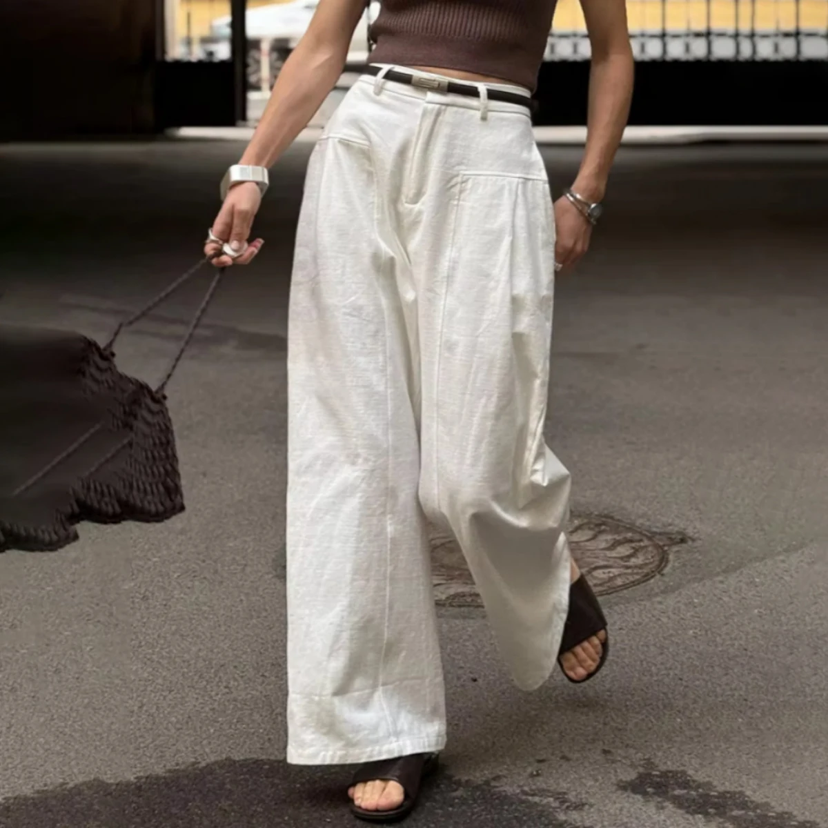 White Casual Pants Women Summer 2026 Trend Slim Fit Lazy Style High Waist Loose Wide Straight Leg Trousers Ladies Formal Pants