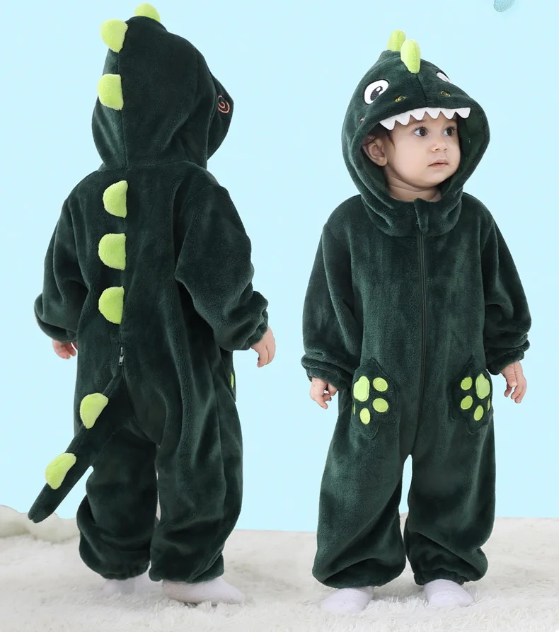 Macacão de flanela dos desenhos animados para bebês meninos e meninas, macacão com capuz bonito para bebê, traje de dinossauro, recém-nascido, inverno