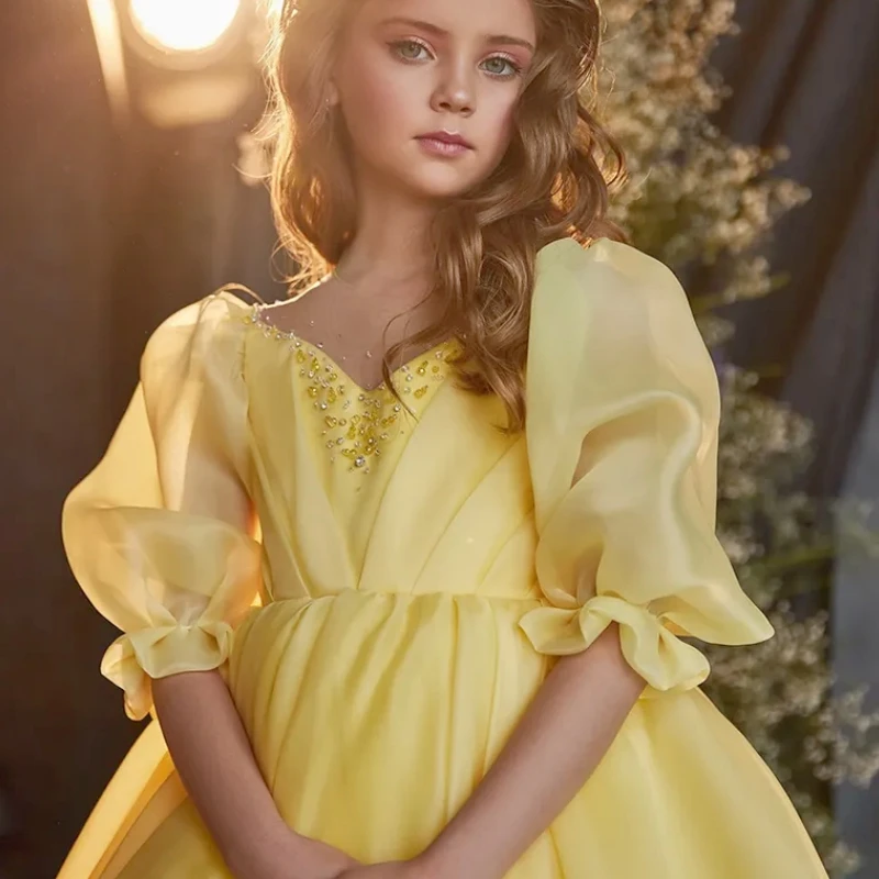 Flower Girl Dresses Yellow Pink Satin Diamond Neck With Tailing Short Sleeve For Wedding Birthday Party Banquet Princess Gowns