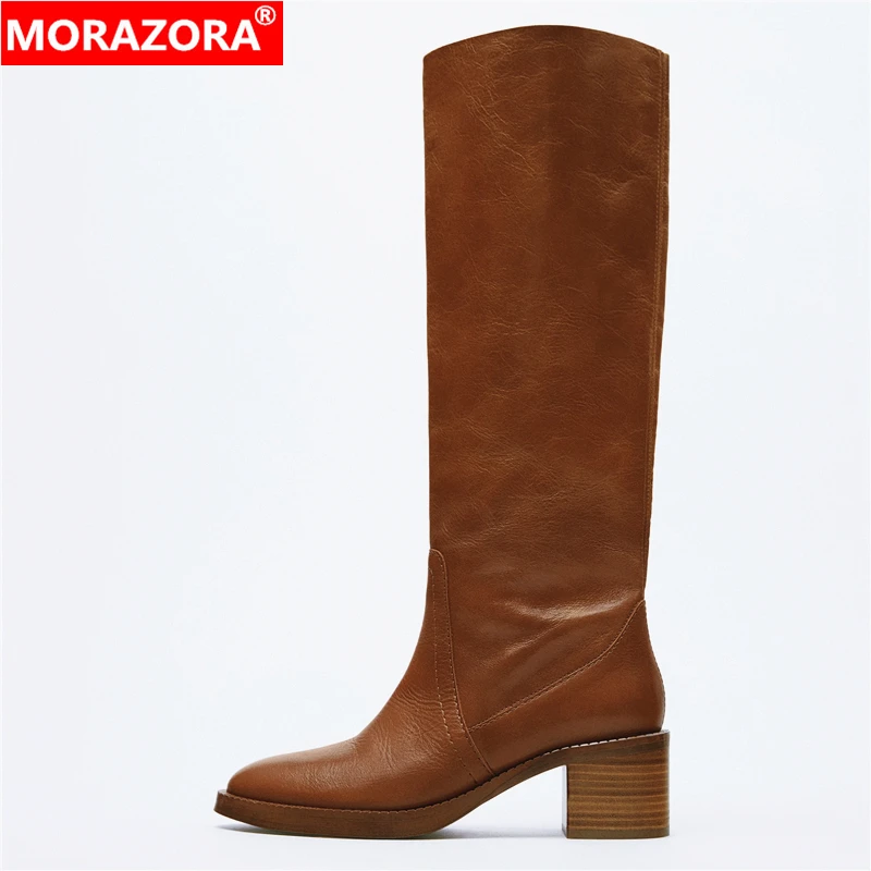 MORAZORA Size 34-41 ZA New Genuine Leather Boots Women Slip On Knee High Boots Brown Black Square High Heels Ladies Winter Boots