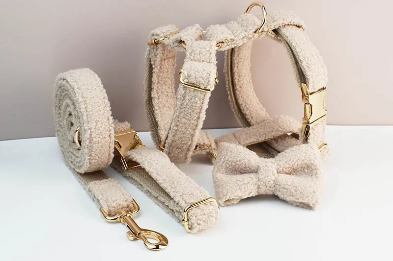 Teddy-Samt-Hundehalsband und Leinen-Set für Hunde, individuell graviertes Namensschild, Haustierbedarf, Hundeleine Teddy06 – Detail 8