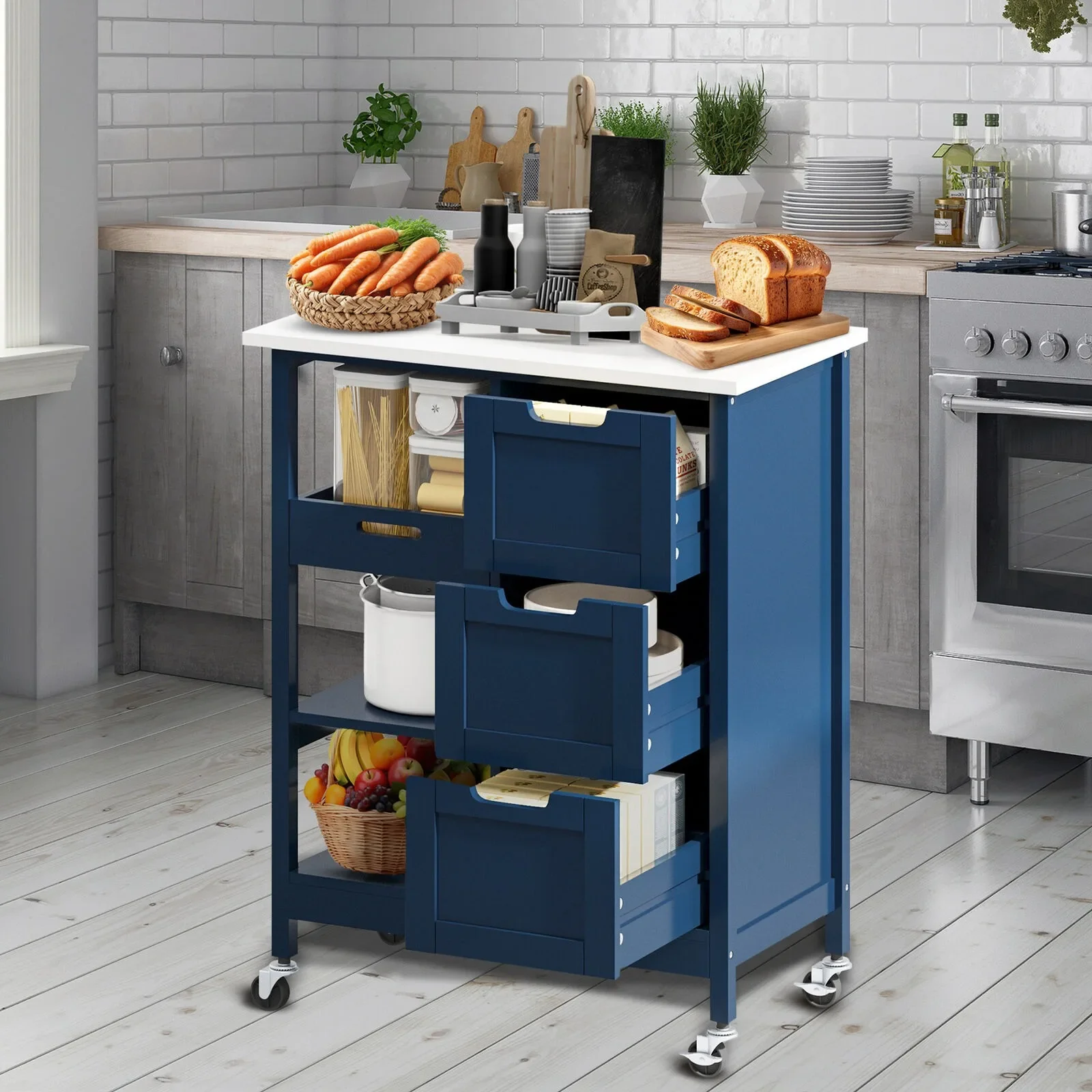 Rolling Kitchen Island Wooden 3-layer Drawer Trolley Shelf Trolley Catering Storage Box-