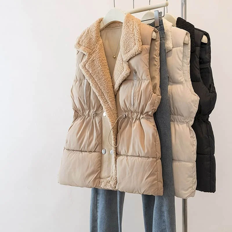 

Fleece Waistcoats for Women Adding Cotton Elegant Elastic Waisted Vests Casual Vintage Korean Style Jackets V-neck Women Tops