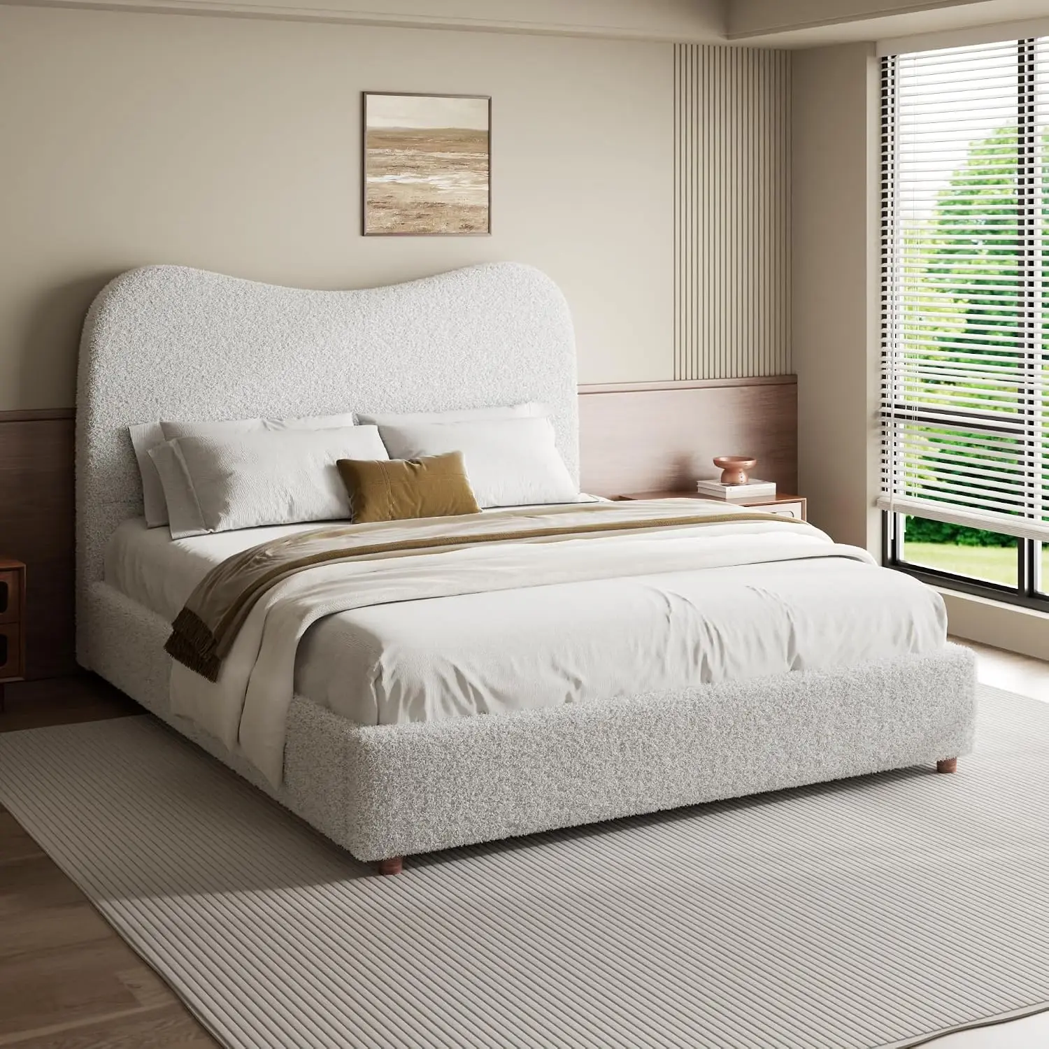 Full Size Cloud Boucle Upholstered Platform Bed with Camelback Headboard, Beige, Customized