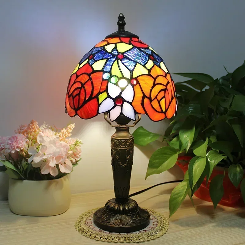 8inch 20cm Handmade Soldering Process Retro Stained Glass Tiffany Red Flower Lampshade Resin Base Table Lamp Desk Lamp