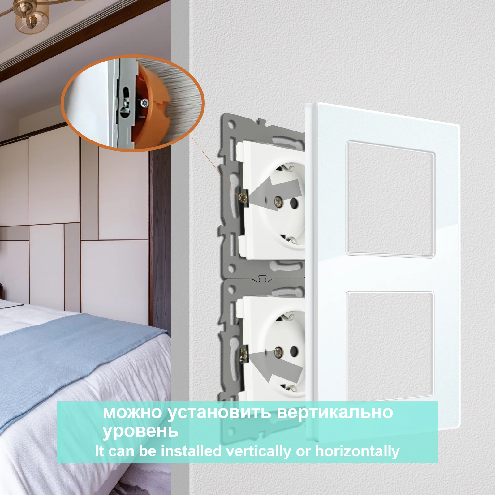 Switch Panel Light Tempered Glass Wall Socket With French EU Standard USB TV RJ45 RJ11 DIY Switch White Color