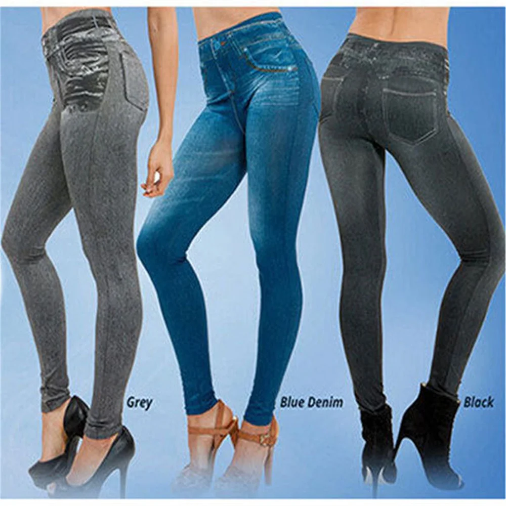 Women Jeggings Faux Denim Jeans Leggings High Waist Tummy Control Pencil Pants Sexy Plus