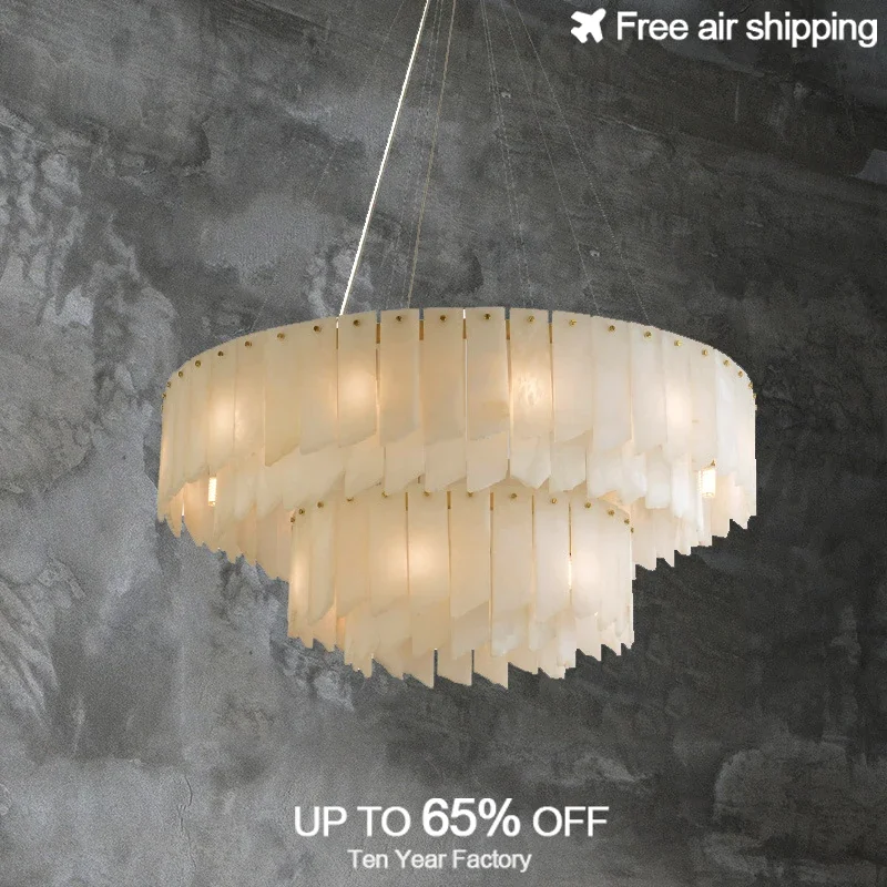 

Indoor Staircase Ceiling Lighting Modern Gold Cylindrical Natural Marble LED Pendant Light Decorative Dimmable Fixture