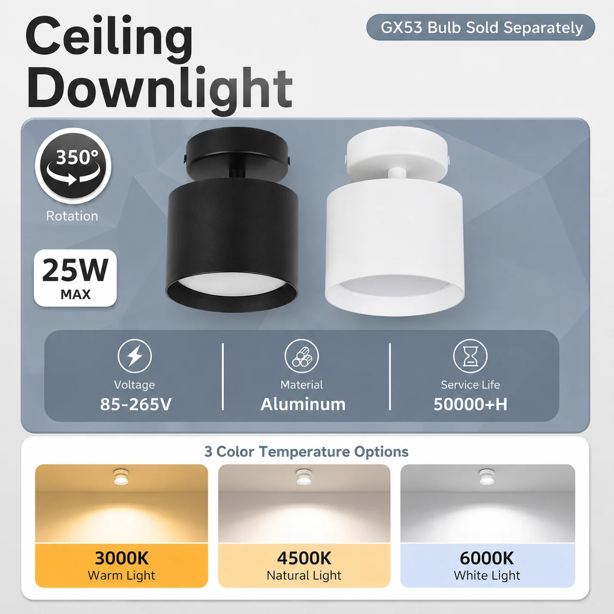 Ceiling Downlight 350° Rotatable Spotlight Replaceable GX53 Bulb 3 Color Ceiling Light for Living Room Kitchen Bedroom SpotLight
