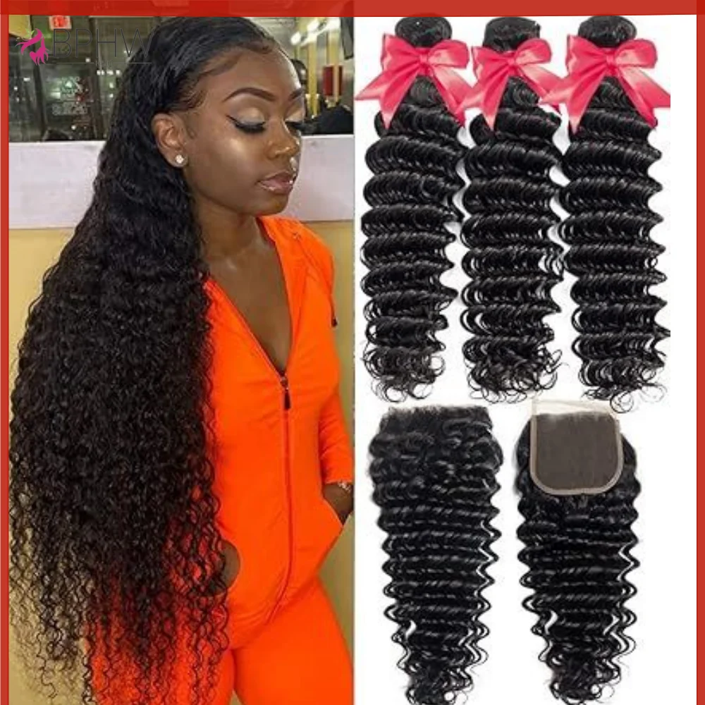 

12A Пучки глубоких волн Человеческие волосы с застежкой Бразильское плетение 3 пучка с кружевной застежкой 4x4 Девственные волосы Необработанные волосы для наращивания