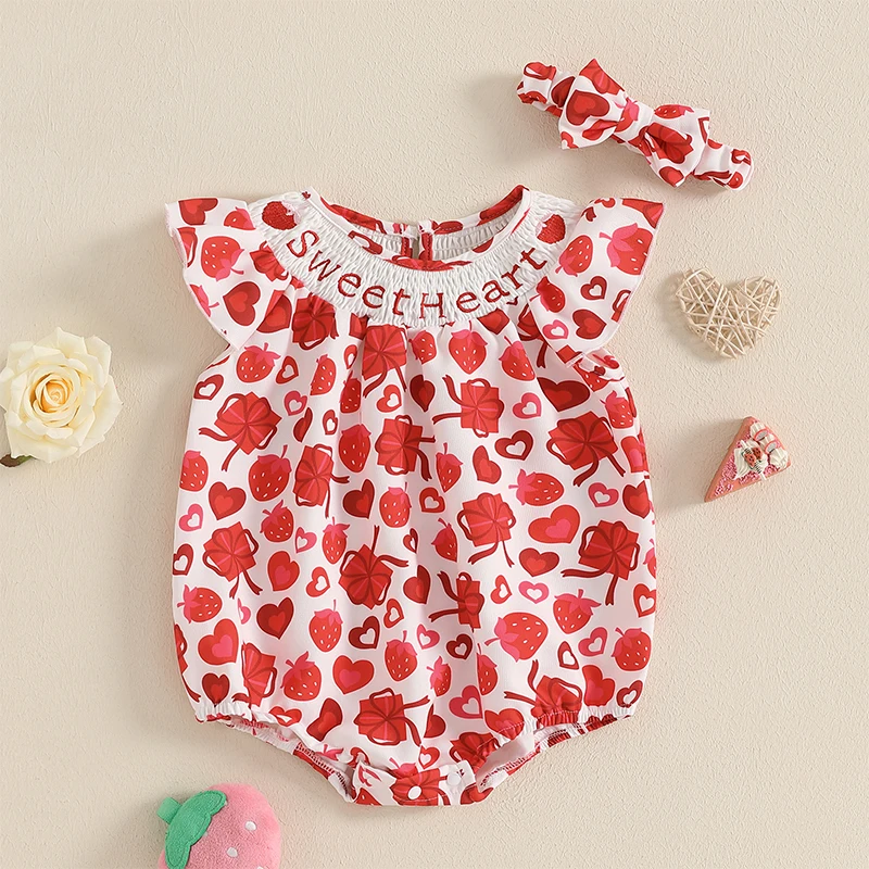 Tregren Valentine's Day Infant Baby Girls Rompers Sweet Heart/Floral Print Flying Sleeve Round Neck Bodysuits with Bow Headbands