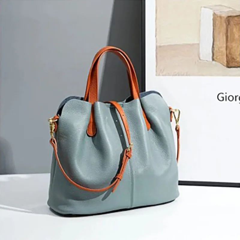 Full Grain Cowhide Tote Bag for Women, Large Capacity Mother-Daughter Bag, Vintage Color-Blocking Handbag, Can Be Worn Crossbody or on the Shoulder, Genuine Leather Women's Bag