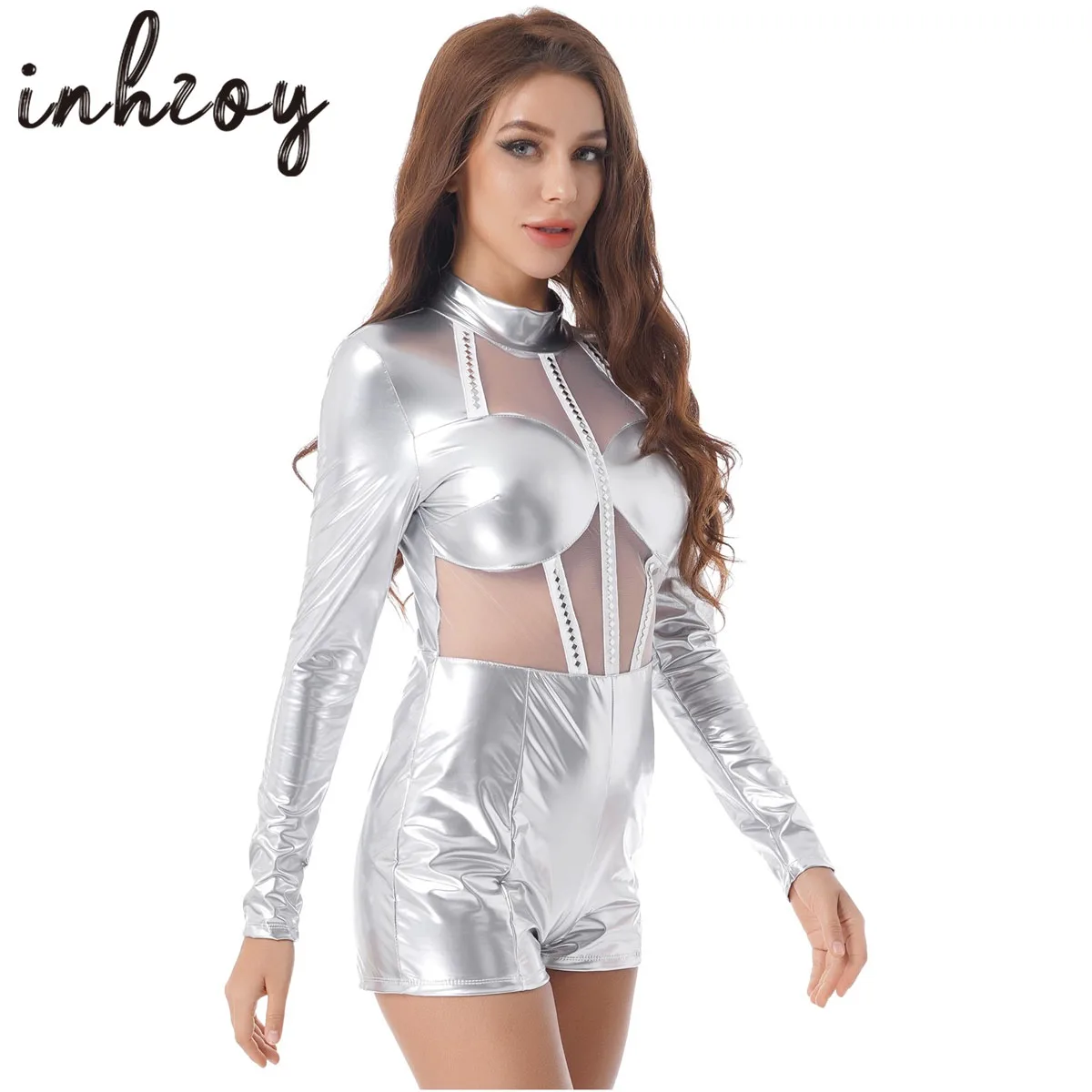 Womens Sexy Astronaut Role Play Bodysuit Costume Outfits Shiny Patent Leather Leotard Jumpsuit Catsuit Pole Dance Party Clubwear