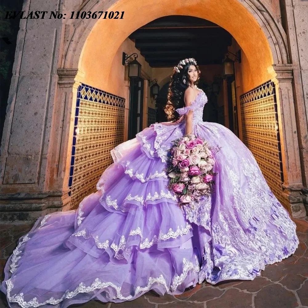 

EVLAST Shiny Lavender Quinnceanera Dress Ball Gown White Lace Applique Beaded Ruffles Mexican Sweet 16 Vestidos De 15 Anos SQ522