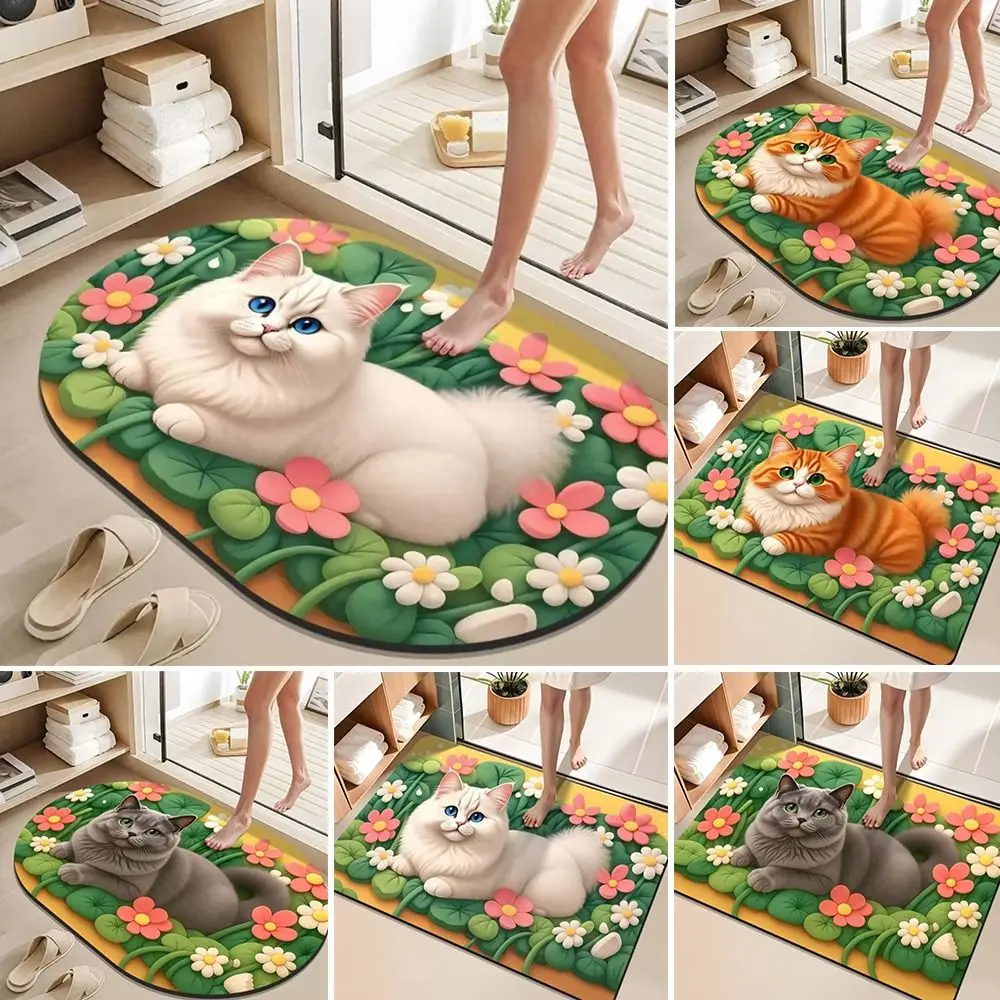 Diatom Mud Floor Mat Pastoral Style Water-absorbing 3D Cat Doormat Non-Slip Entryway Rug for Bathroom&Living Room Decoration