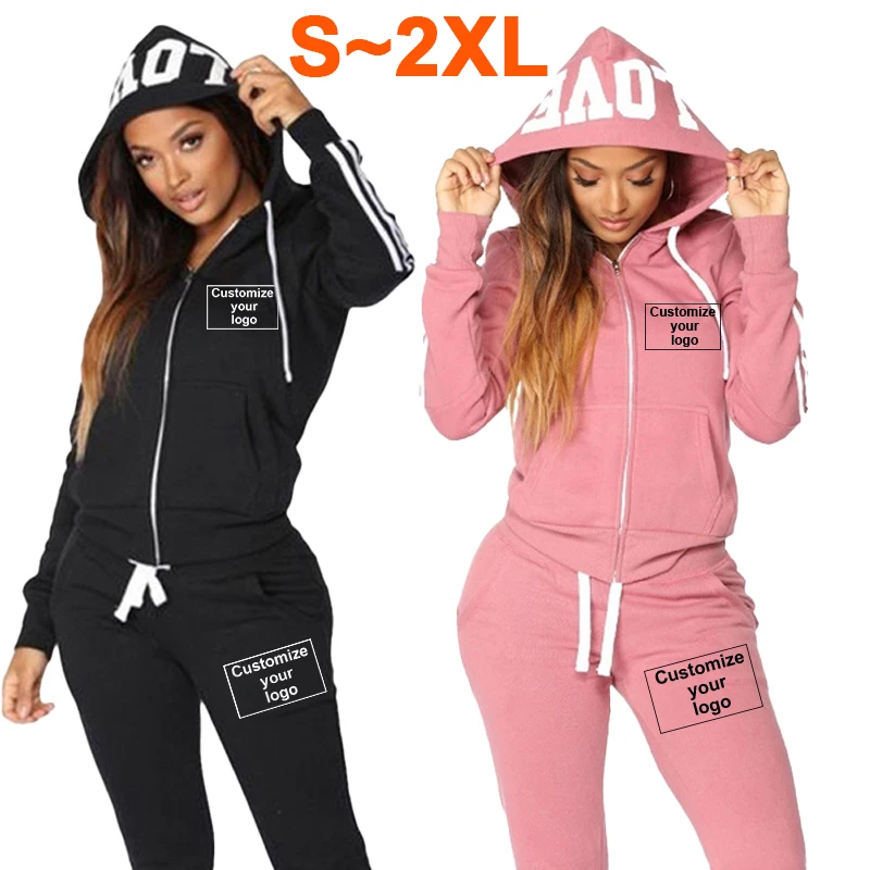 Customized Women's Sports Set Three Stripe Hoodie Two Piece Set Customized Your Logo Zipper Hoodie+Sweatpants Sports Jogging Set