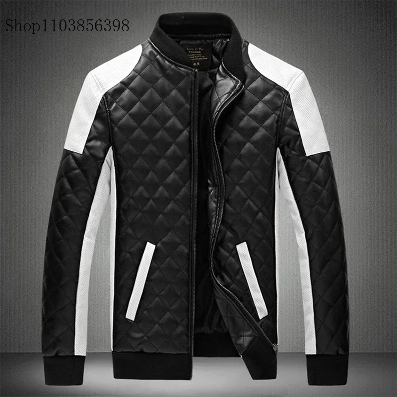 2024 Men Jacket Motorcycle Pu Leather Coat Male Autumn Winter Black White Patchwork Motorcycle Leather Jacket Mens Windbreaker