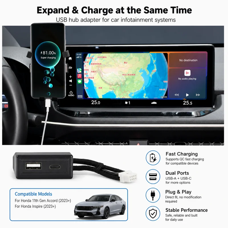 For Honda 11th Gen Accord 2023 Inspire Car Center Console Expansion Dock USB Fast Charger Hub Multiport USB Adapter