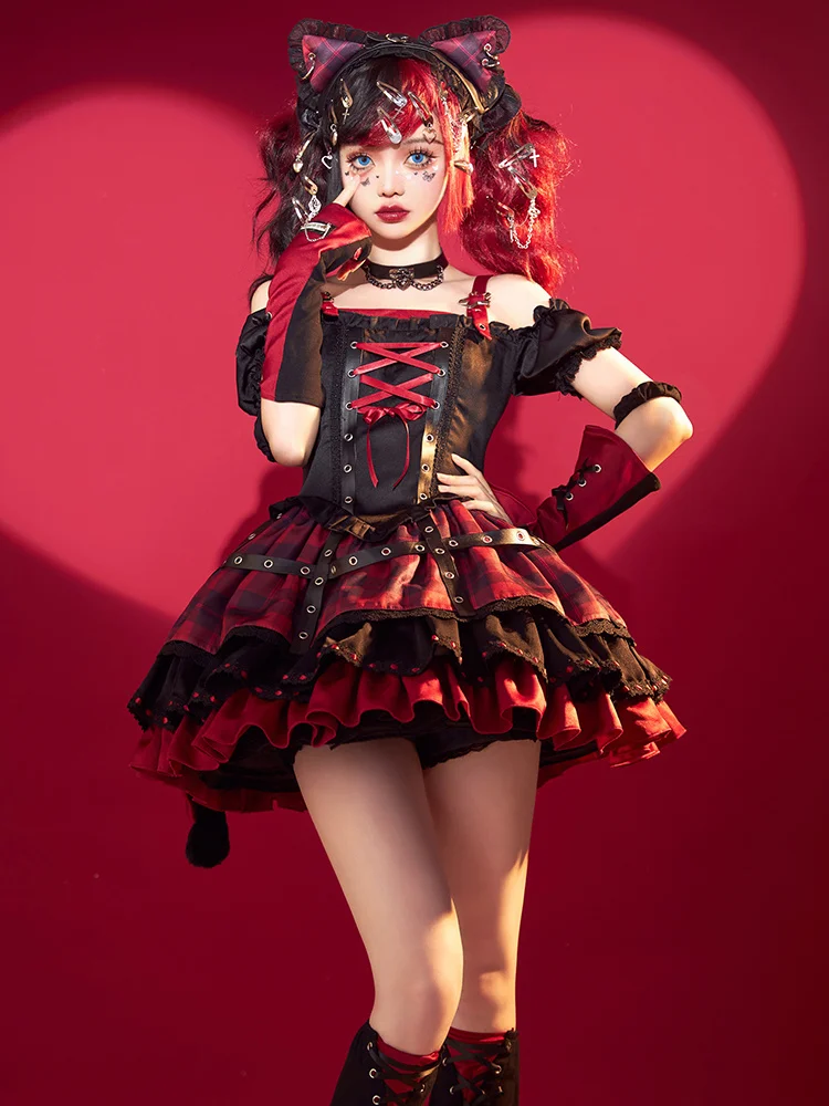 Japanese Gothic Lolita Dress Women Kawaii Bow Demon Lace Red Dress Short Sleeve Princess Dress Halloween Costume Gift For Girls