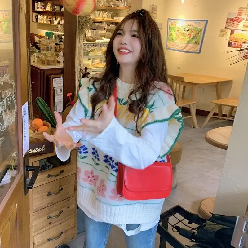 

Вязаный жилет с цветочным принтом, женский весенний новый винтажный свободный свитер, модный топ XQ701