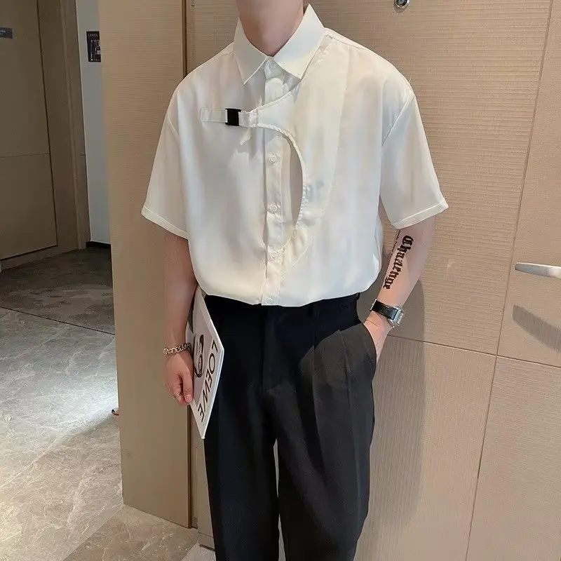 

E-BAIHUI Chic Shirts for Men Turn-down Collar Daily Short-sleeved White Casual Shirt Solid Summer Korean Version Mens Shirts