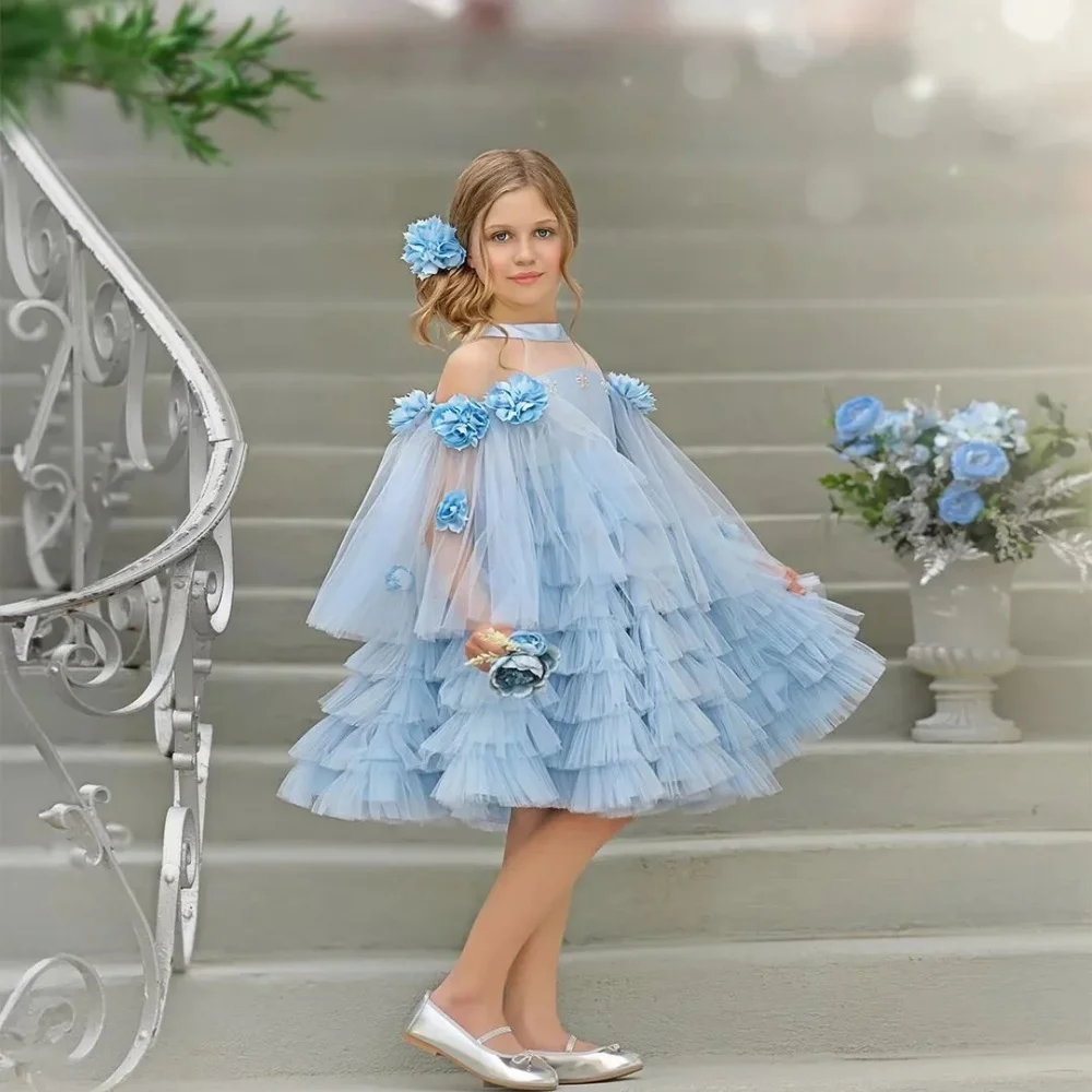 

Blue Flower Girl Dress Sequins Halter Tiered Knee Length Kids Lovely First Communion Wedding Party Birthday Bridesmaid Ball Gown