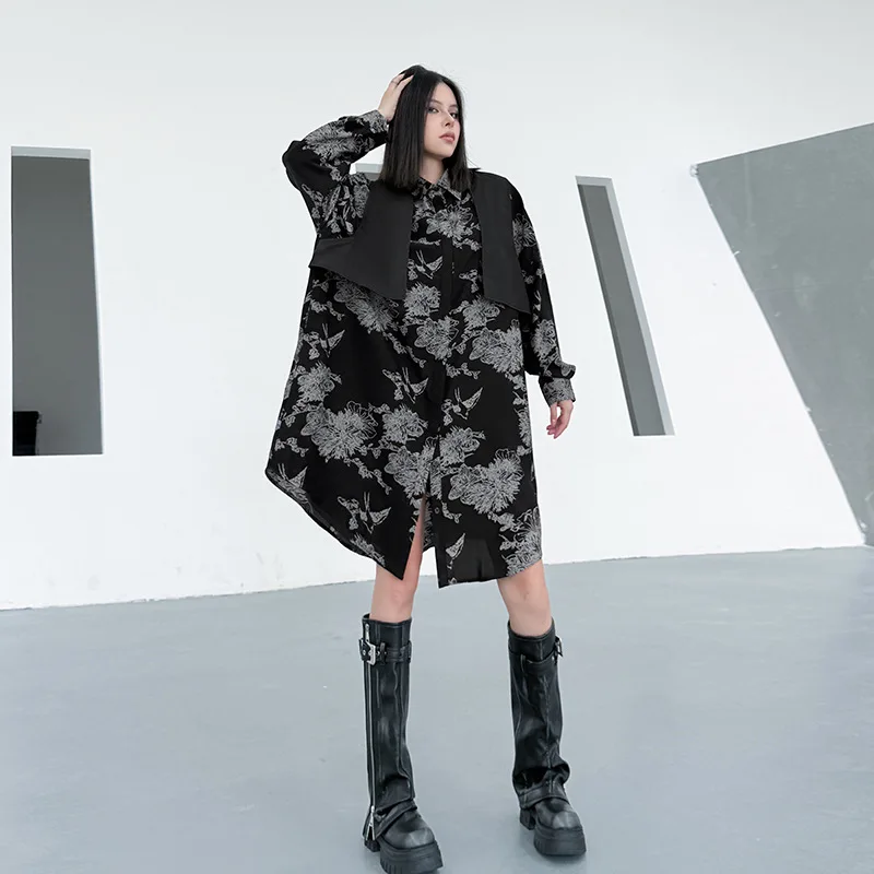 Frauen Kleider Drucken Kleid Faux Punk Gothic Drehen Unten Kragen Lange Ärmel Knielangen Lose Beiläufige Streetwear 2025, Frühling Herbst