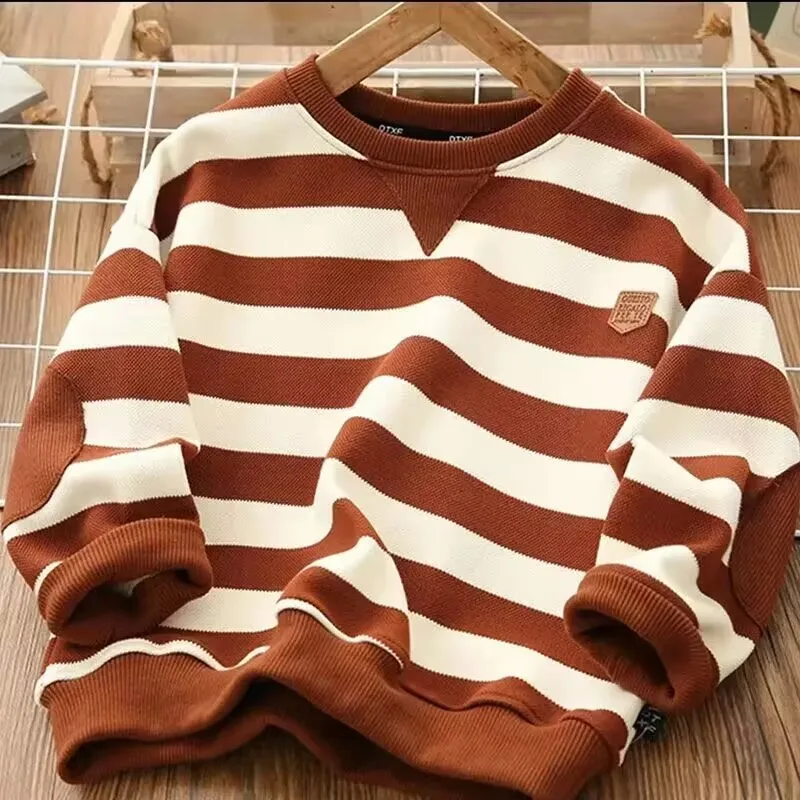 Teenage Boys\' Sweater 2024 Spring and Autumn Children\'s Casual Top New Big Boy Stripe Loose T-shirt Sweater