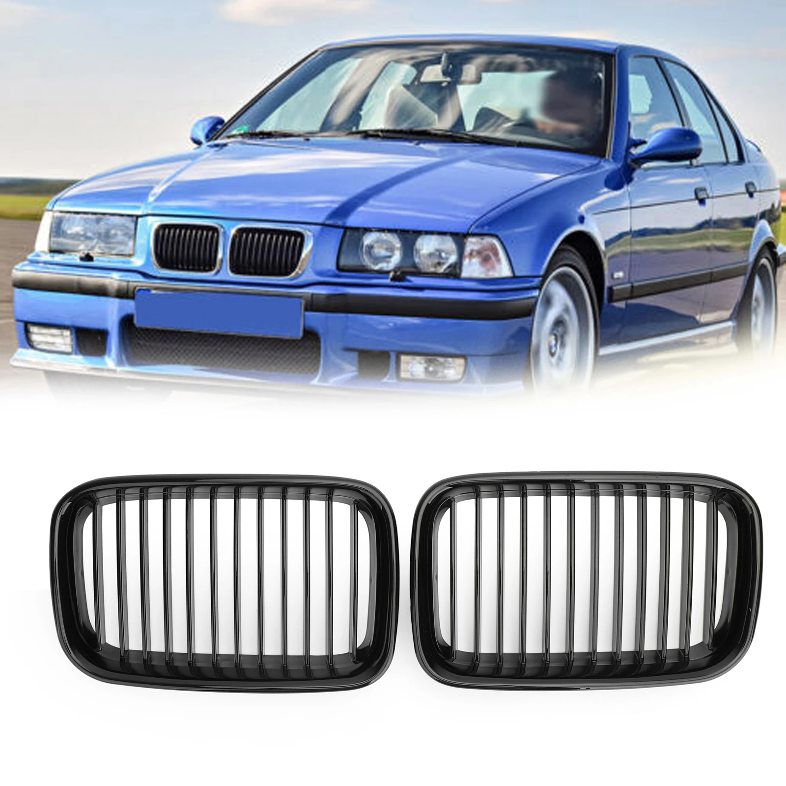 Artudatech Pair Glossy Black Kidney Sport Hood Grill Grille For 1992-1996 BMW E36 318i 325i