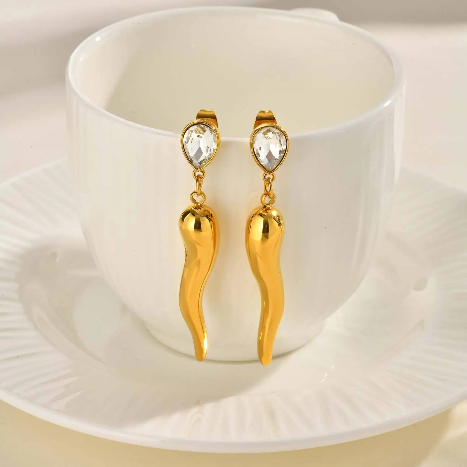 Cz stone pepper horn dangle earrings stainless steel earrings for women long statement stainless steel jewelry