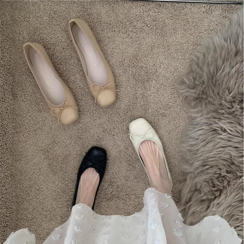 

Women Microfiber Flat Shoes Fashionable Square Toe Casual Ballerina Bow Ballet Shoes Soft Moccasin Black with Beige Lolita Shoes