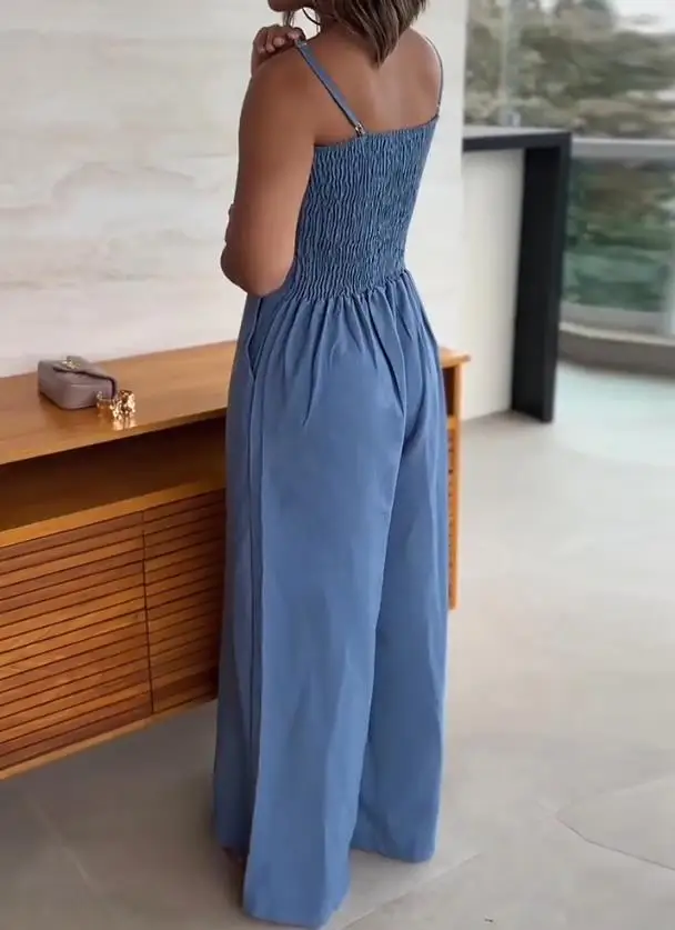 الصلبة اللون حزام الكتف ضئيلة عالية الخصر واسعة الساق بذلة الصيف نمط جديد المرأة أنيقة عارضة الحمالات بذلة #5