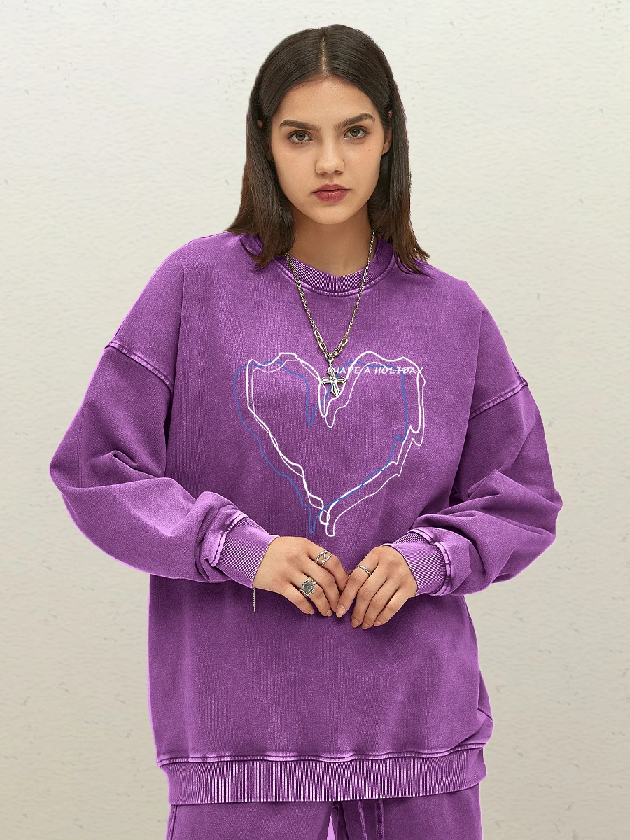 Have A Holiday Love Lines Pattern Women Washed Sweatshirt Street Casual Hoody Loose Y2K Clothing Hip Hop Cotton Streetwear