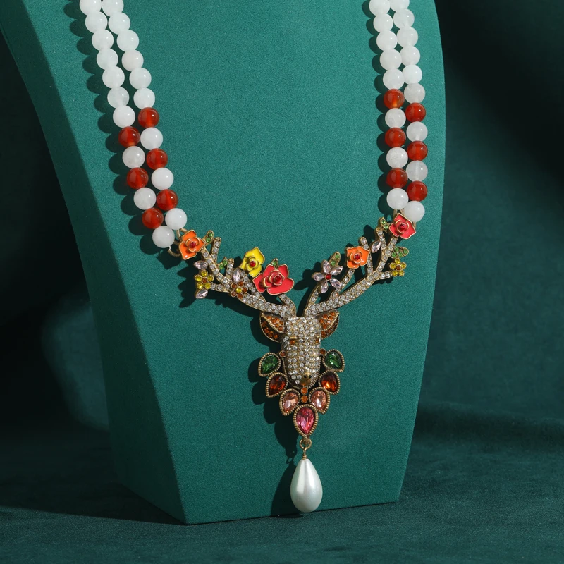 Vintage Rhinestone Crystal Christmas Elk Pendant Necklace Beaded Chain Exaggerated Statement Flower Jewelry Luxury Designer 2026