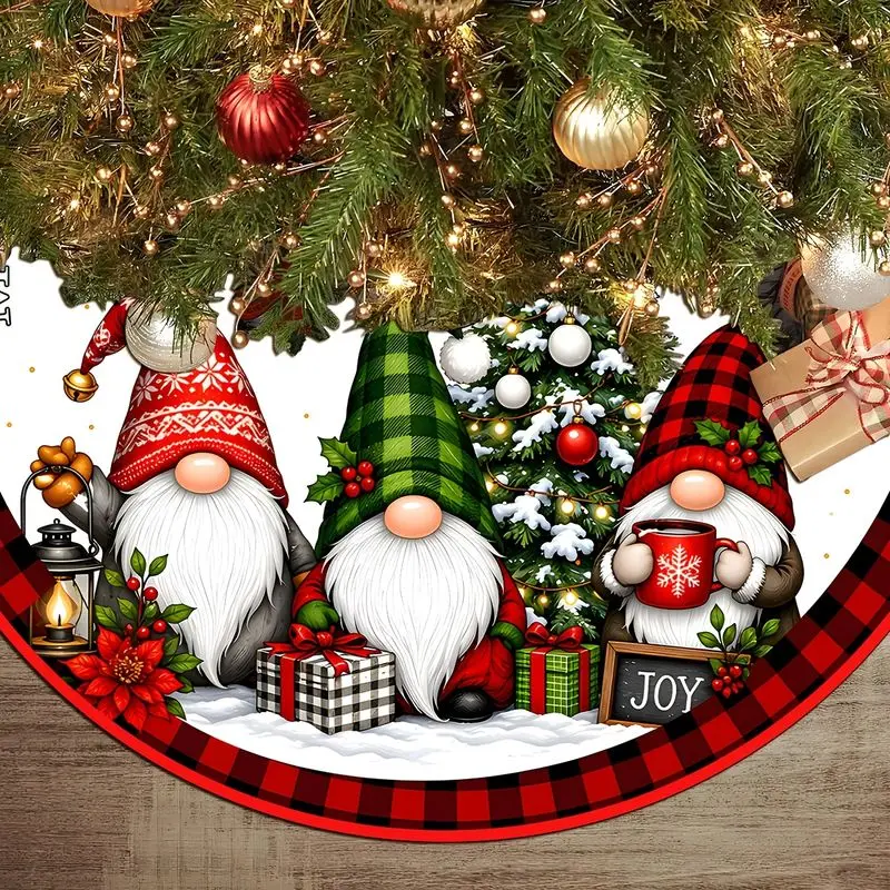 VIKAMA Christmas Tree Skirt Gnome Tomte Buffalo Plaid Edge Merry Christmas Xmas Tree Base Mat Holiday Party Home Decor