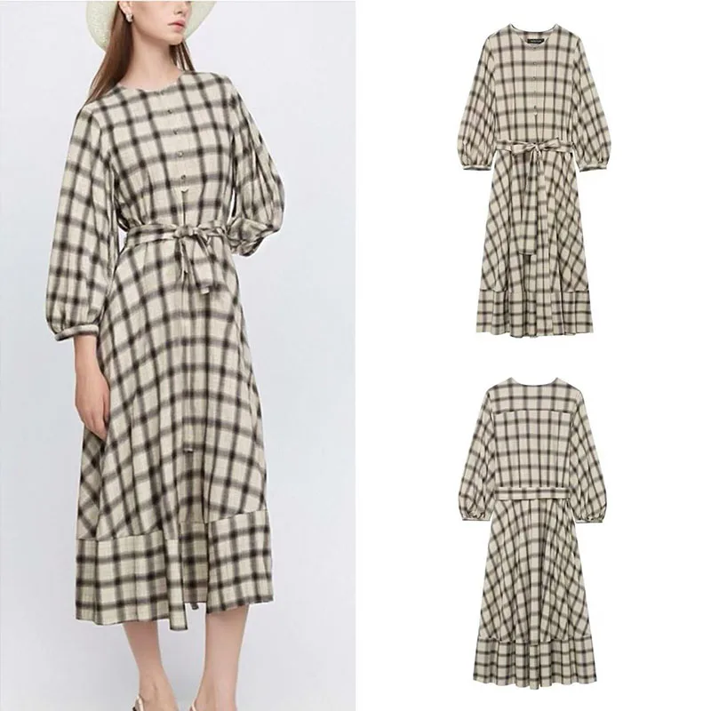 فستان نسائي جديد لخريف وشتاء 2025 عالي الجودة بحزام غير رسمي منقوش على طراز قميص عصري متعدد الاستخدامات وأكمام طويلة ورقبة مستديرة #1