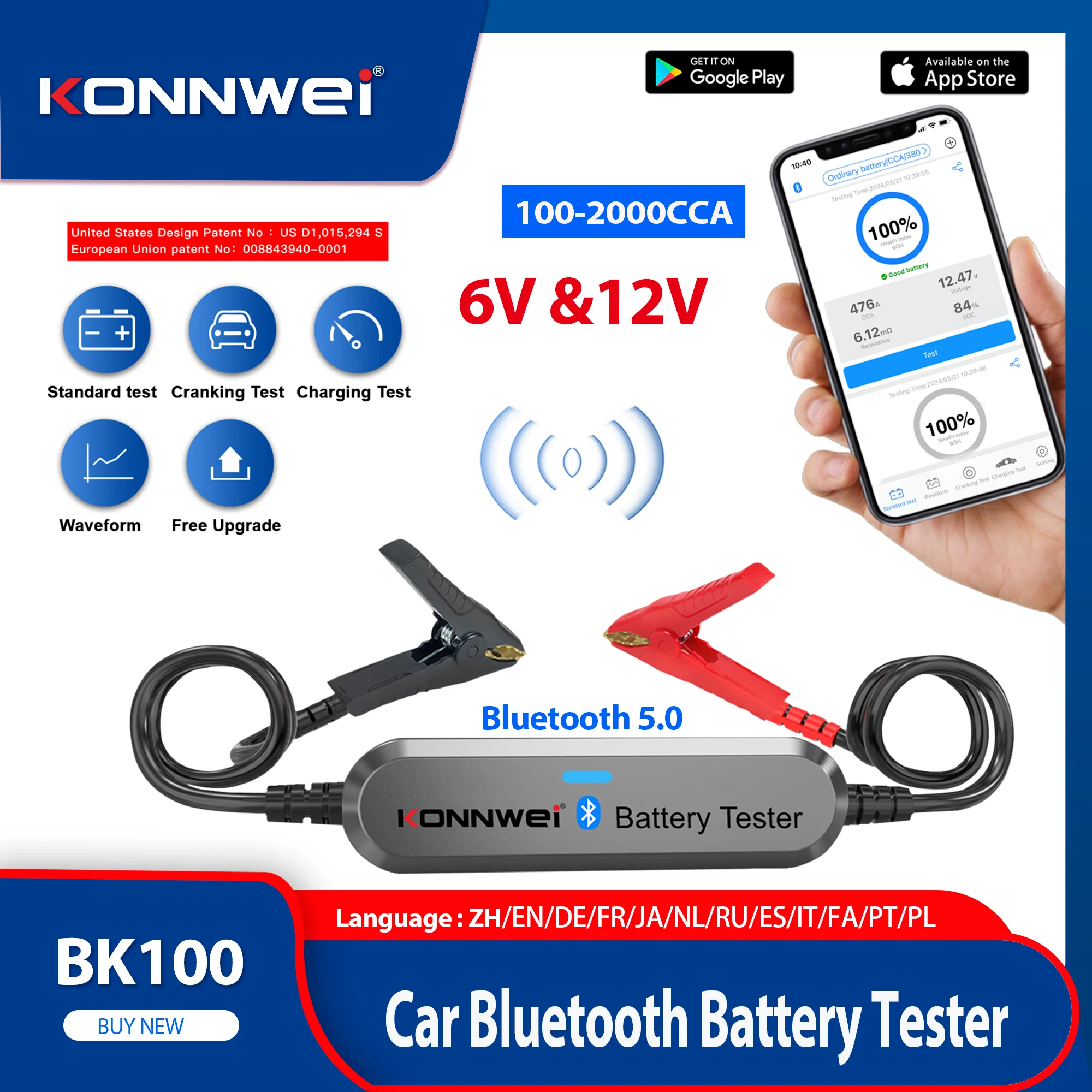 

NEW KONNWEI BK100 Bluetooth 5.0 Battery Tester for Car Motorcycle 12V Battery Monitor 100-2000 CCA Charging Cranking Test Tools