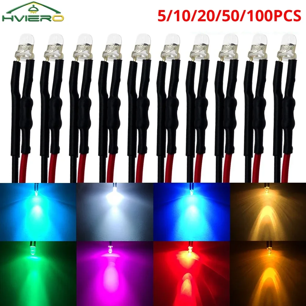 

5/10/20/50/100PCS 3mm Round Top Light Beads Pre Wired LED Water 20cm White Decoration Lamping Emitting Diodes Pre-soldered Bulbs