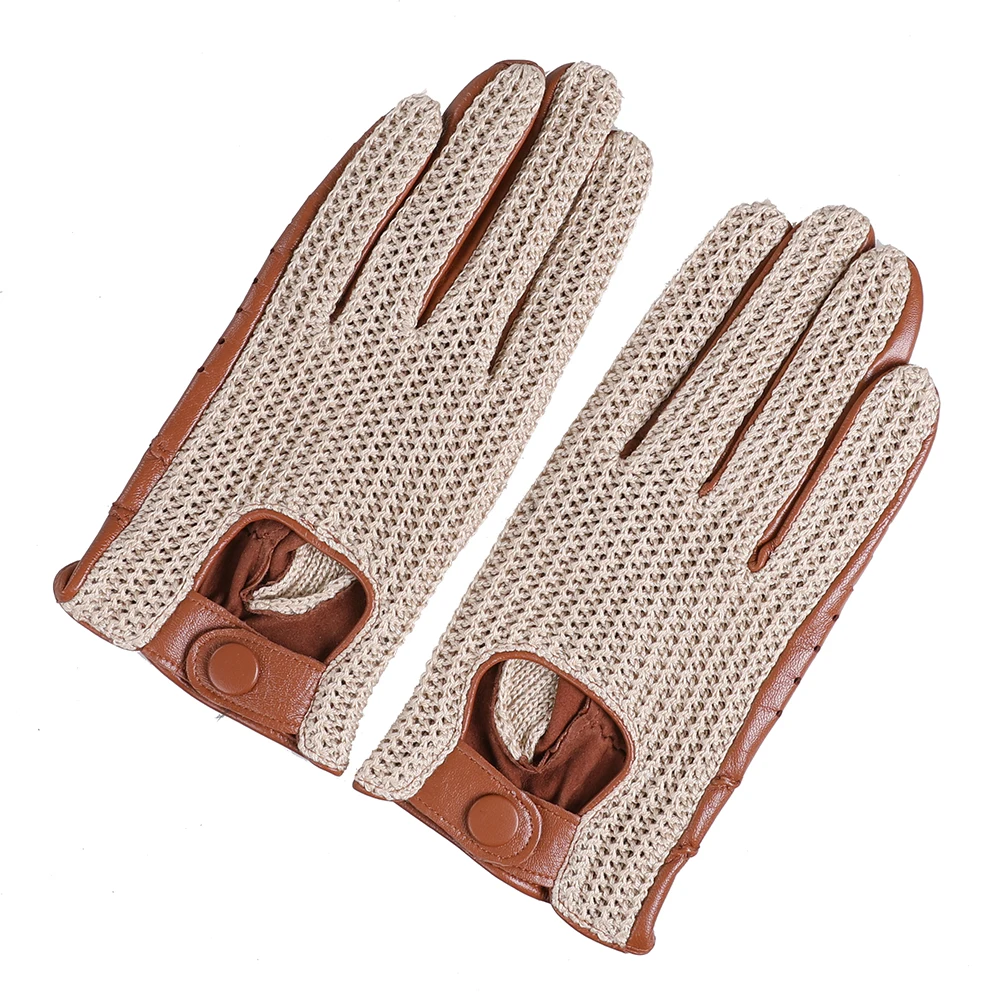 Gants de conduite de moto en cuir véritable pour hommes, peau de mouton isotopée sans doigts avec crochet en coton