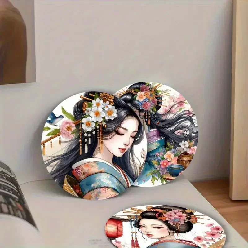6PCS Elegant Japanese Wooden Coasters With Traditional Geisha And Cherry Blossom Designs Suitable For Dining Table Decoration