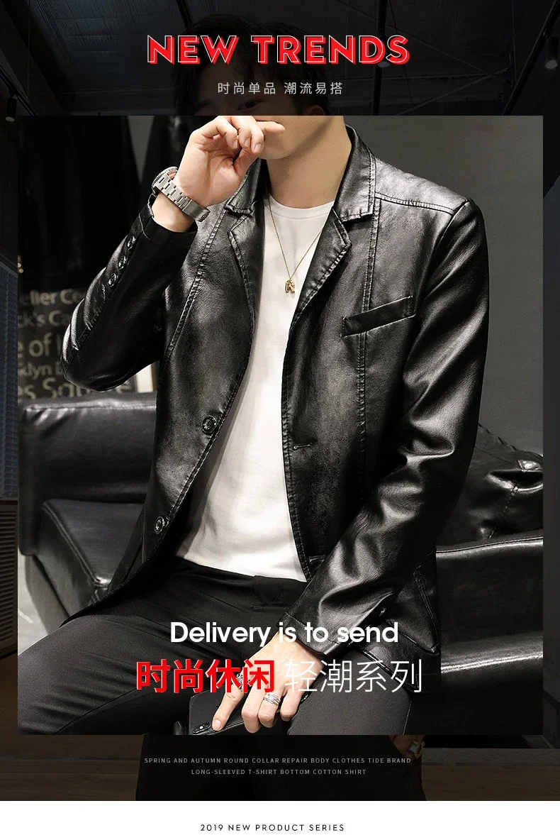 

New Arrived Men Business Casual PU Leather Jacket Black Khaki Fashion Male Suit Collar Coats Large Size 5XL Slim Fit Top Coat