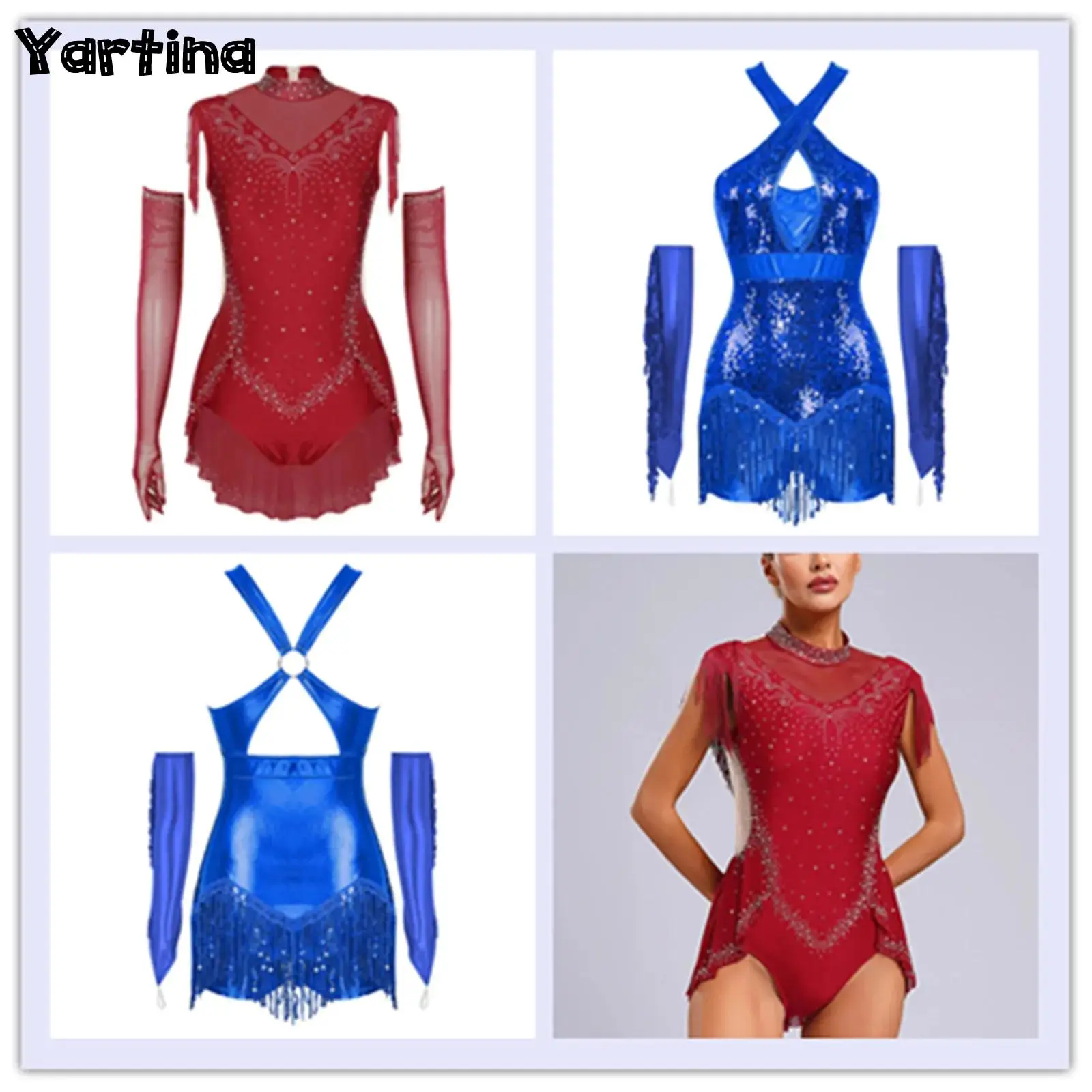 

Women Latin Cha-Cha Performance Costume Cross Front Glittery Sequins Tassel Leotard with Sequined Tassels Metallic Gloves