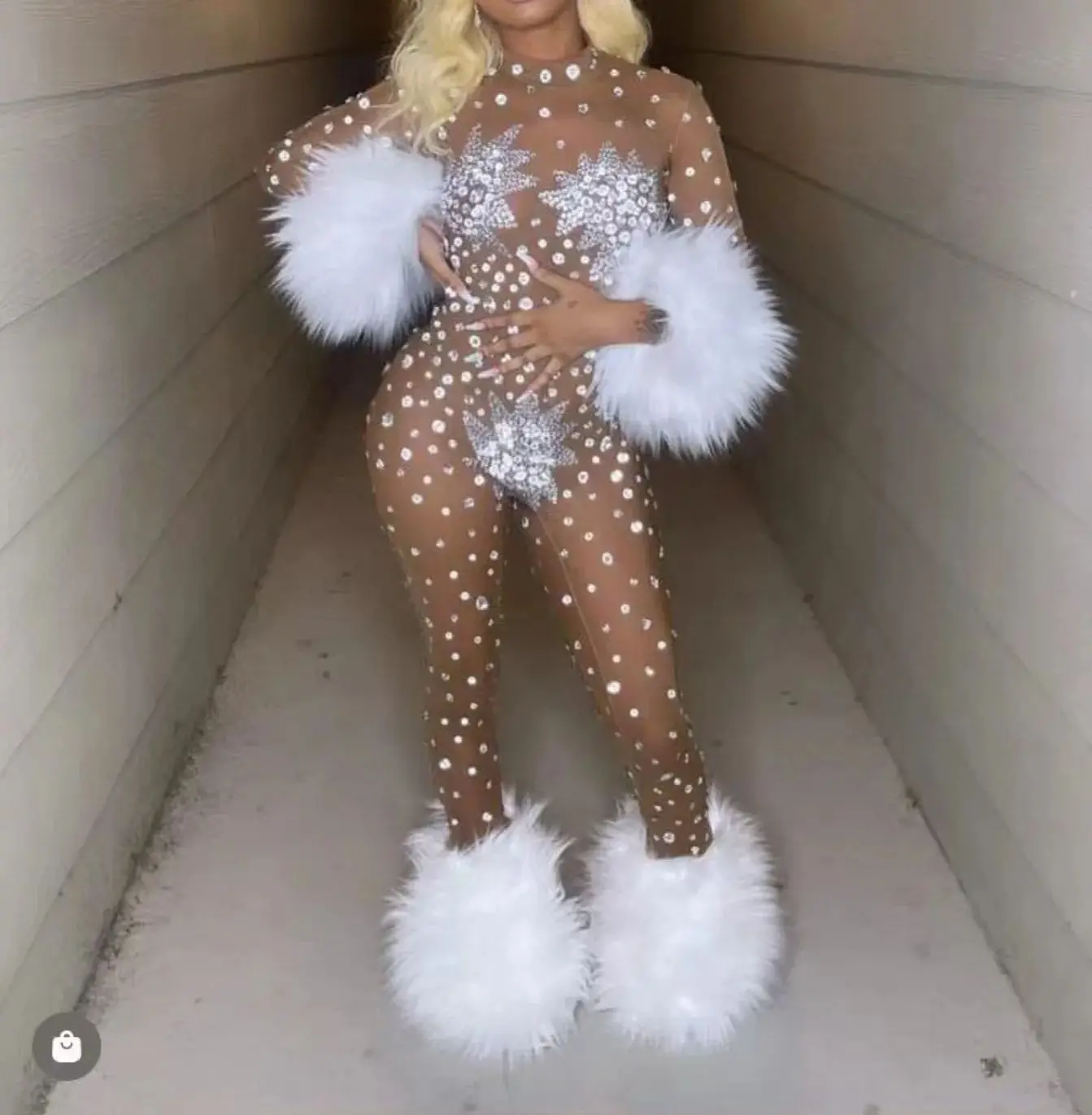 Women's Transparent Sparkly Feathers Bodysuit Rhinestone Exotic Dance Jumpsuit Skinny Carnival Party Performance Costume Summer