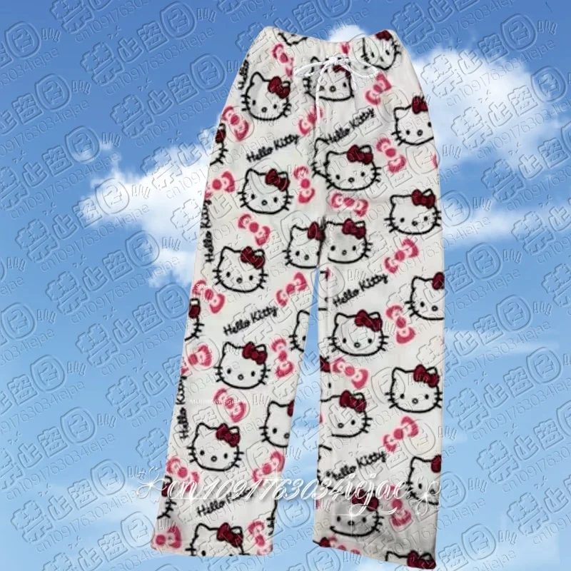 سانريو مرحبا كيتي بنطلون بيجاما أنيمي الصوف مزدوجة نسيج مرن لينة بنطلون المرأة الجديدة بنطلون Kawaii الكرتون هدية عيد ميلاد