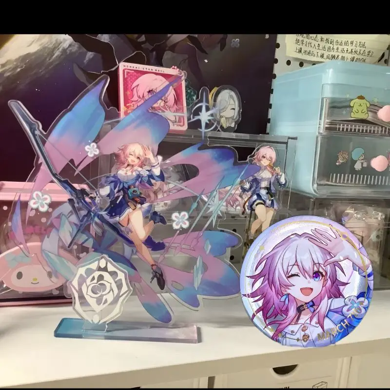 Anime Honkai: Star Rail March 7th Pin Brooch Badge Button Acrylic Stand Model Desk Display Standing Exhibit Through Card 2pcs