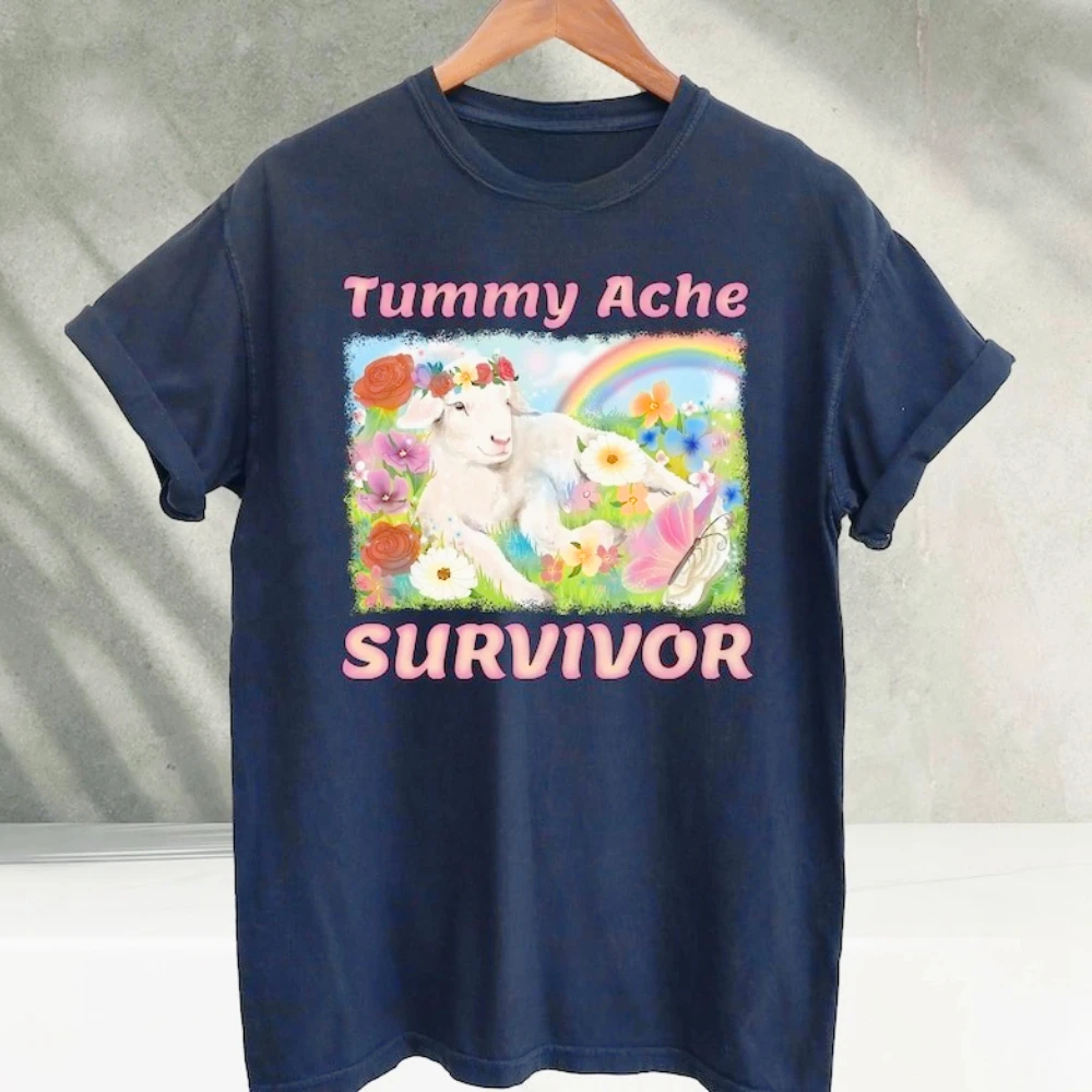 Tummy Ache Survivor Lamb Tshirt Cute Lamb Shirt Vintage T Shirt T-Shirt Funny Women Casual Cotton Tshirts Roupas Feminina